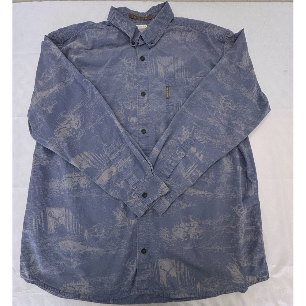 Columbia River Lodge Mens XL Blue AOP Deer Hunting Print Button Down Shirt